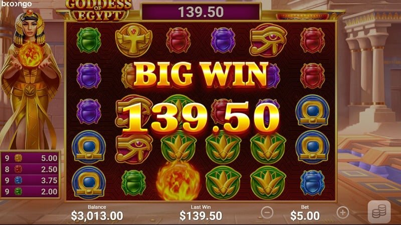 Big Win Screenshot of Goddess of Egypt Pokie Game by Booongo